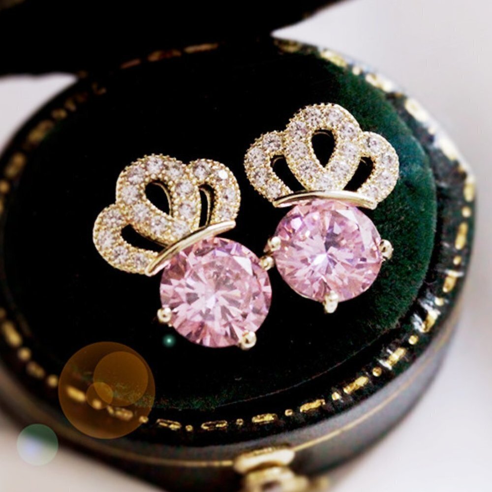💥 Pink Crystal CZ Crown Shape Stud Earrings for Women, HA4503